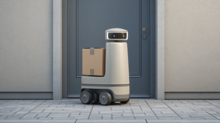 A friendly delivery robot awaits at a residential front door, ready to deliver a cardboard package, highlighting the blend of modern technology and convenience in everyday life.の素材