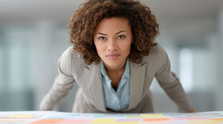 A confident businesswoman leans over a desk in a modern office, analyzing data and documents, showcasing focus and professionalism in a dynamic work environment.の素材