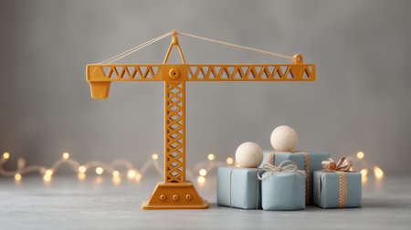 A vibrant yellow toy crane stands beside neatly wrapped gift boxes and decorative spheres, set against a soft backdrop with twinkling lights, creating a whimsical festive scene.の素材