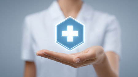 A concept image showing a woman in a white uniform presenting a digital health icon in her hand, symbolizing modern healthcare and technology advancements.の素材