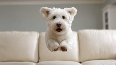 A joyful white dog leaps through the air with a big smile while enjoying its playful moment in a bright and welcoming living room. Perfect for pet lovers!の素材