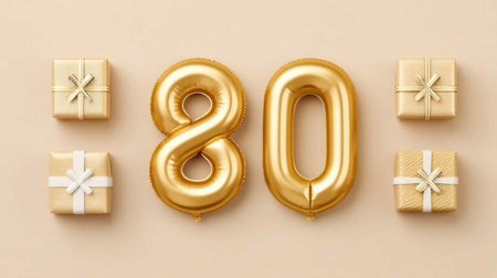 This image features golden balloons shaped as the number 80, beautifully complemented by wrapped gifts, creating a festive atmosphere for a special birthday celebration.の素材