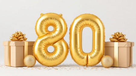 This vibrant and elegant setup features golden balloons representing an 80th birthday alongside stylish gift boxes, creating a festive atmosphere for a memorable celebration.の素材