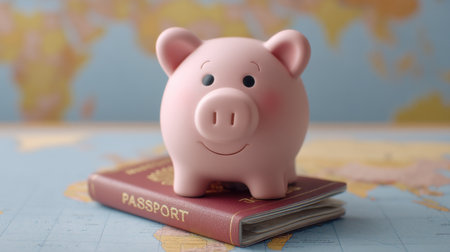 A charming piggy bank rests atop a passport against a vibrant world map, symbolizing the joy of saving for travel adventures and financial dreams.の素材