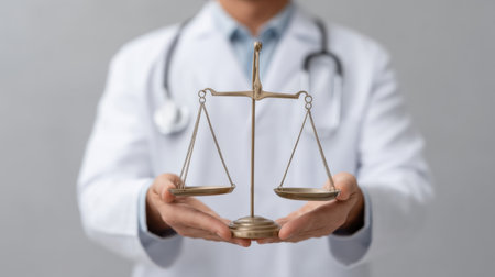 A professional doctor in a white lab coat holds golden scales of justice, representing the critical balance between legal ethics and healthcare decisions in modern medicine.の素材