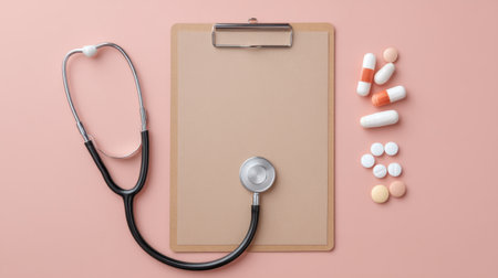 A visually appealing arrangement of a stethoscope, clipboard, and various pills on a soft pink background, symbolizing healthcare, wellness, and medical professionalism.の素材