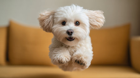 A cheerful fluffy dog captured in mid-air, showcasing pure joy and playfulness. The bright, soft background adds warmth, perfect for pet lovers seeking uplifting imagery.の素材