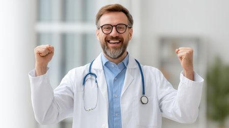 A joyful doctor celebrates a significant achievement in a professional medical setting, showcasing happiness and dedication to patient care with a confident expression.の素材