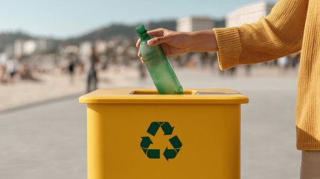 A person dressed in a yellow sweater drops a plastic bottle into a bright yellow recycling bin on the beach, highlighting the importance of recycling and environmental care.の素材