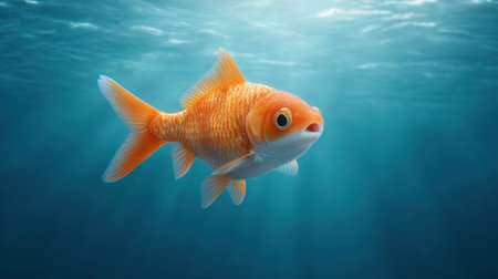 A stunning goldfish is captured swimming in a peaceful underwater scene, showcasing its vibrant orange color and graceful movements in a serene aquatic environment.の素材