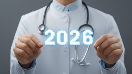 A medical professional presents the number 2026, highlighting the focus on upcoming healthcare innovations and advancements in the field of medicine for improved patient care.の素材