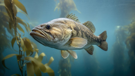 A stunning freshwater fish glides through a serene underwater environment filled with lush aquatic plants, capturing the beauty and intricate details of marine life.の素材