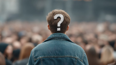 A person stands with their back facing a large crowd, a question mark floating above their head, capturing the essence of uncertainty and self-reflection in today vibrant society.の素材