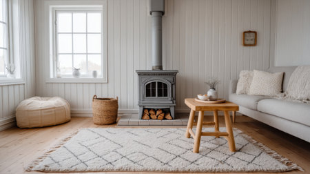 A bright and cozy living room featuring a stylish stove, comfortable seating, and a soft rug, perfect for a serene and inviting atmosphere in any home.の素材