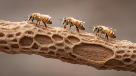 This stunning close-up captures honey bees moving on a honeycomb structure, showcasing their crucial role in nature's ecosystem and the beauty of their environment.の素材