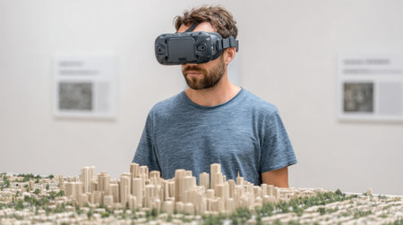 A man wearing a VR headset explores a detailed city model in an art gallery, highlighting the intersection of technology, creativity, and urban development.の素材