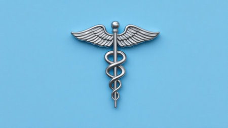 This image features a metallic caduceus symbol against a blue background, representing themes of health, wellness, and medical professionalism in various contexts.の素材