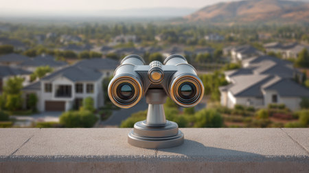 A pair of sleek binoculars rests on a stone ledge, providing an ideal vantage point to admire the panoramic views of tranquil homes and lush hills, evoking curiosity.の素材