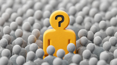A single yellow figure with a question mark stands out among gray figures, symbolizing individuality and the quest for understanding in a diverse crowd.の素材