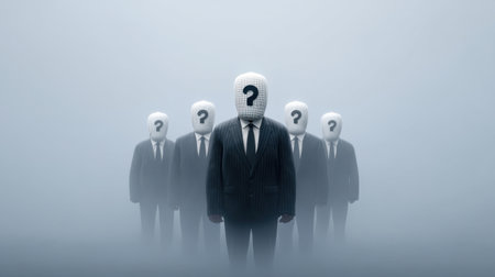 A group of business figures, wearing suits and question mark masks, stands in a foggy setting, symbolizing the challenges of identity and uncertainty in the corporate world.の素材