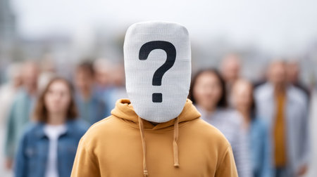 A surreal depiction of a figure with a blank face representing anonymity, standing in an urban crowd, raising questions about identity and modern life complexities.の素材