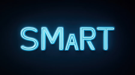 A vibrant blue neon sign displaying the word "Smart" against a dark backdrop, symbolizing innovation and intelligence in a modern design aesthetic. Perfect for projects.の素材