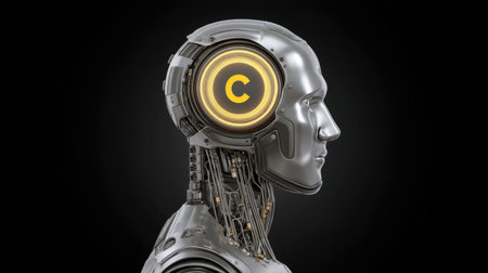 A sleek profile of a humanoid robot head featuring an illuminated symbol, reflecting advanced technology. Perfect for futuristic concepts and innovation themes.の素材