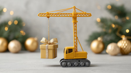 A vibrant yellow toy crane lifts a shiny golden gift box adorned with a bow, set against a blurred festive background filled with golden ornaments and greenery.の素材