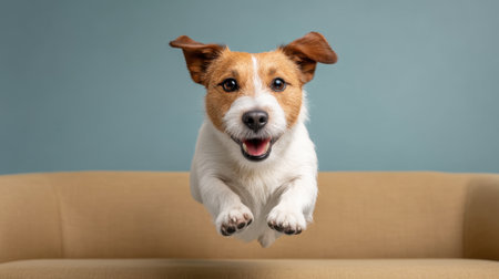 A cheerful dog caught mid-jump with a bright expression, showcasing the joy of playtime in a cozy indoor environment with a modern sofa. Perfect for pet lovers.の素材