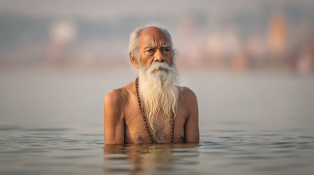 An elderly man with a long beard meditates peacefully in calm water at sunrise, reflecting on spirituality and nature's beauty, evoking a sense of tranquility.の素材