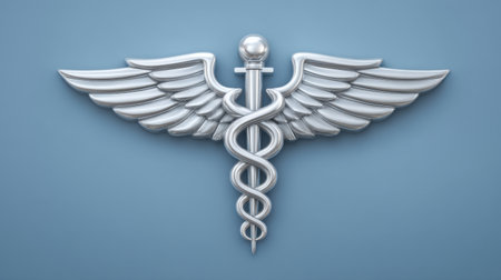 A sleek silver caduceus symbol with wings stands out against a calming blue background, embodying the essence of medicine, healthcare, and professional support.の素材
