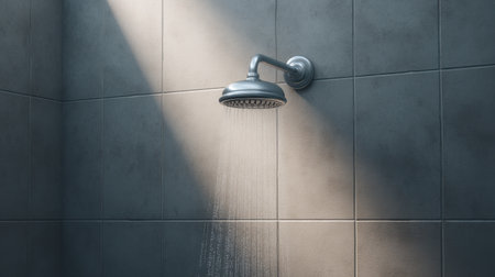 A sleek shower head releasing a cascade of water in a stylish bathroom, illuminated by soft natural light, highlighting a calming and clean aesthetic perfect for relaxation.の素材