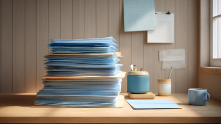 A serene office space featuring a stack of blue documents resting on a wooden desk, surrounded by stationery, a calendar, and a coffee cup, promoting organization and productivity.の素材