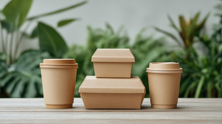 A selection of brown paper cups and food containers arranged on a wooden table. Surrounded by vibrant green plants, this eco-friendly setup highlights sustainable food packaging.の素材