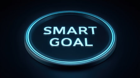 A vibrant illustration of the SMART goal concept with illuminated text against a dark backdrop, symbolizing clarity and motivation toward personal and professional success.の素材