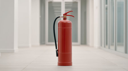 A bright red fire extinguisher stands prominently in a modern hallway, showcasing minimalistic design elements and highlighting the importance of fire safety in interior spaces.の素材