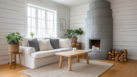 Bright and airy living room featuring modern decor and rustic elements, showcasing a warm fireplace, comfortable seating, and vibrant indoor plants for a cozy atmosphere.の素材