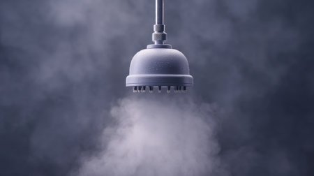 A close-up view of a showerhead surrounded by soft steam, creating a tranquil atmosphere. Ideal for promoting relaxation, wellness, and modern bathroom designs.の素材