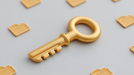 A golden key rests on a soft gray background, with folder icons surrounding it, symbolizing security, access, and data organization in digital environments.の素材