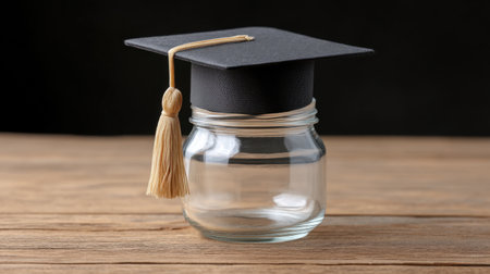 This image features a graduation cap placed on a glass jar, creatively symbolizing achievements and aspirations related to education and future success.の素材
