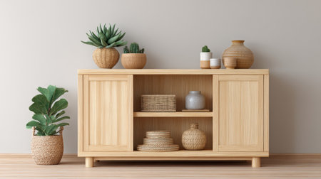 A stylish wooden cabinet showcases a variety of decorative plants, wicker vases, and pottery, creating a harmonious and serene atmosphere for any modern home.の素材
