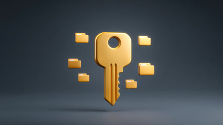 This artistic image features a golden key unlocking digital folders, symbolizing innovation in data protection, security, and access in the modern technological landscape.の素材