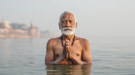 An elderly man practices meditation in water during dawn, embodying tranquility and spirituality amidst a misty landscape, conveying deep serenity and peace.の素材