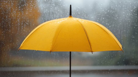 This vibrant yellow umbrella stands out against a rainy backdrop, creating a cozy urban atmosphere. The water droplets on glass enhance the mood of tranquility and comfort.の素材