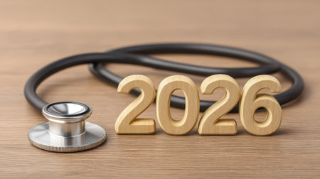 This image illustrates the theme of health and wellness for 2026, featuring a stethoscope and wooden numbers, highlighting the future of medical advancements and care.の素材