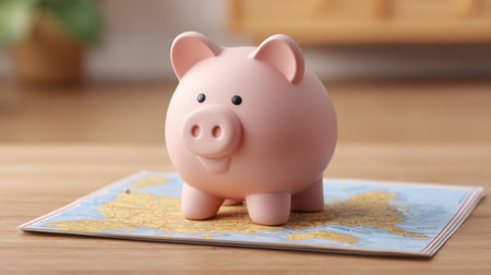 A charming piggy bank sits on a detailed map, representing the idea of saving for future travels and financial goals in a stylish and inviting indoor space.の素材