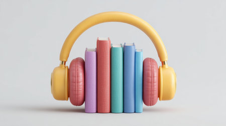 A vibrant image of colorful headphones placed on a neatly arranged stack of books, showcasing the intersection of audio and reading experiences in contemporary life.の素材