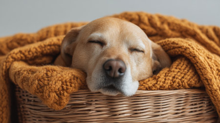 A tranquil dog rests peacefully in a woven basket, snuggled in an orange blanket. The serene indoor atmosphere emanates warmth and comfort, perfect for cozy moments.の素材