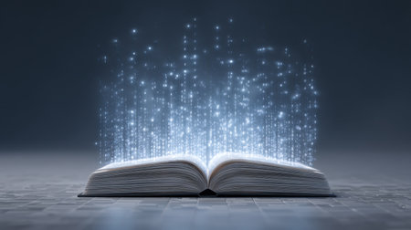 An open book releases shimmering light particles, representing the boundless realms of knowledge and creativity, inviting viewers into a world of imagination and inspiration.の素材