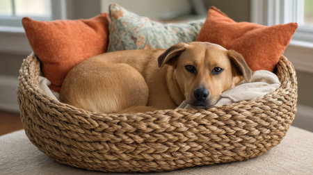 A relaxed dog curls up in a soft wicker bed, surrounded by colorful pillows, creating a cozy atmosphere in an inviting living room perfect for relaxation.の素材